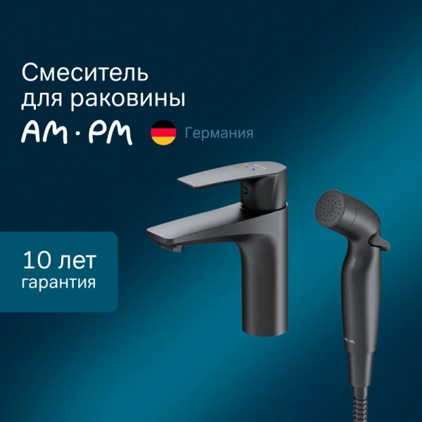 Смеситель для раковины AM.PM Gem F90A03022 с гигиеническим душем, чёрный матовый